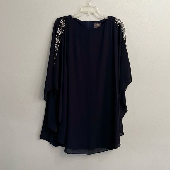 VINCE CAMUTO Navy Embellished Caped Crew Neck Evening Shift Dress - Picture 4 of 13